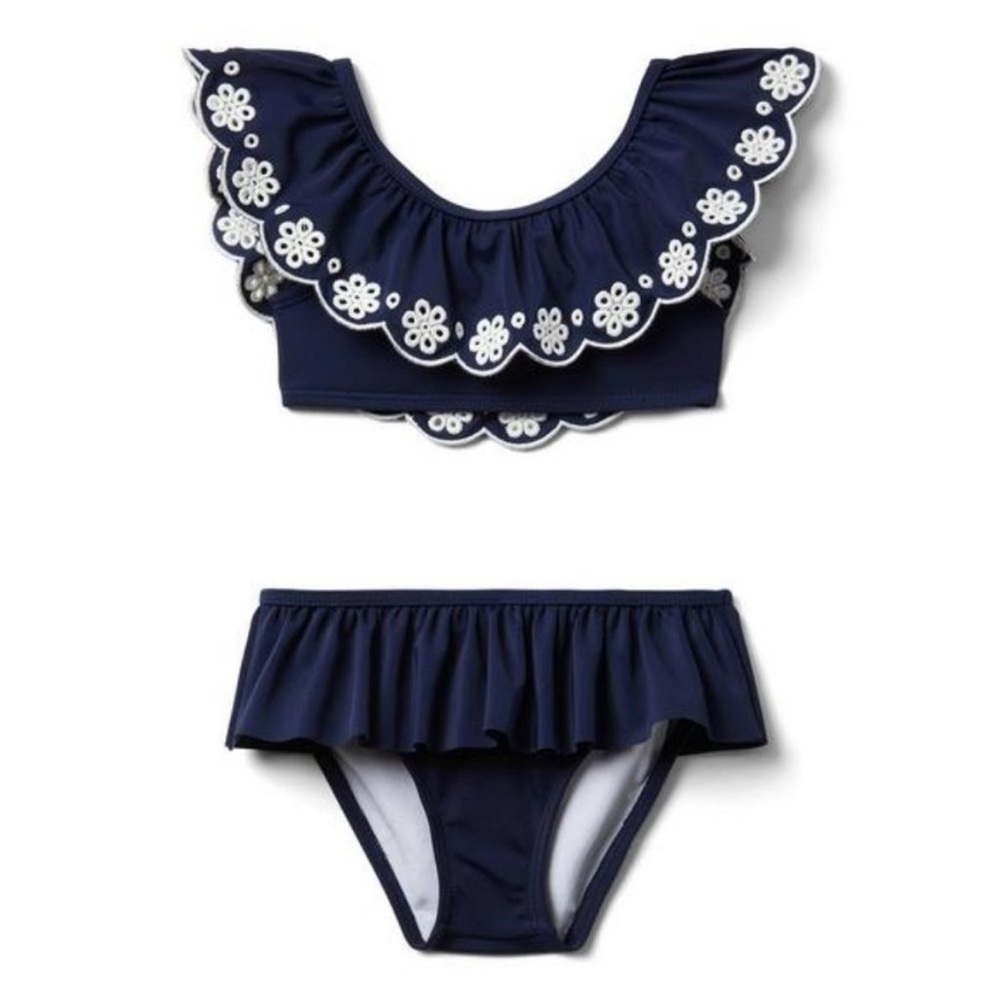 Janie and Jack Navy Blue Ruffle Floral Trim Girls Bikini